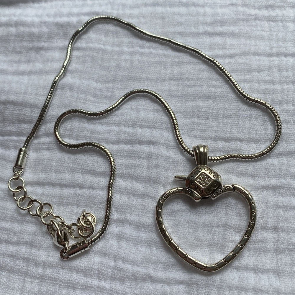 Vintage Brighton Silver‎ tone Scroll Heart Charm Clip Swarovski Crystal Necklace